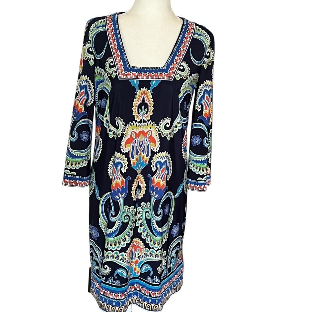 Laundry By Shelli Segal Navy Dress with Red, Blue and Lime Trim